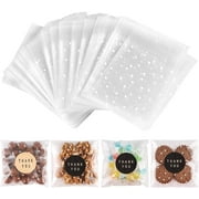 100PACK Self Adhesive Cookie Bags Cellophane Treat Bags Thank You Candy Bags for Gift Giving with Stickers(White Polka Dot,4x4 INCH)